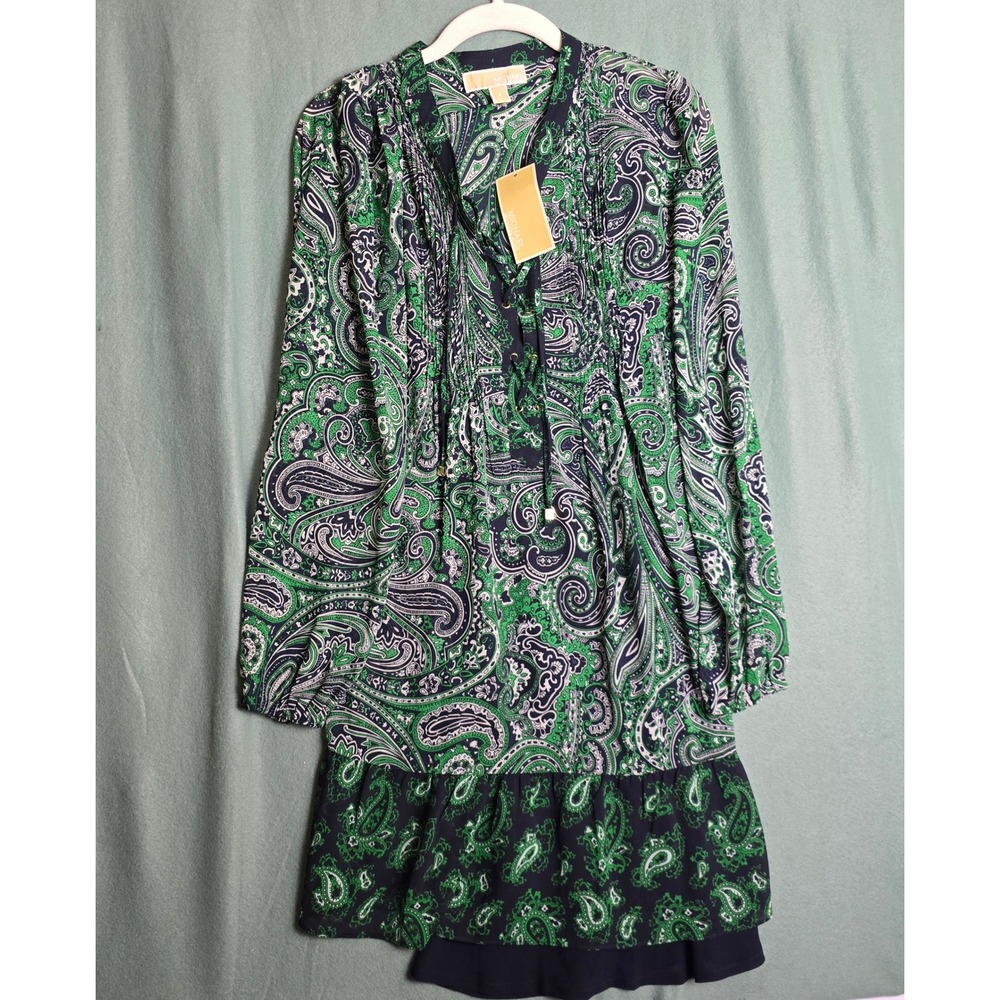 Michael Kors Womens Green Navy Paisley Long Sleeve Ruffle Mini Dress Small NWT